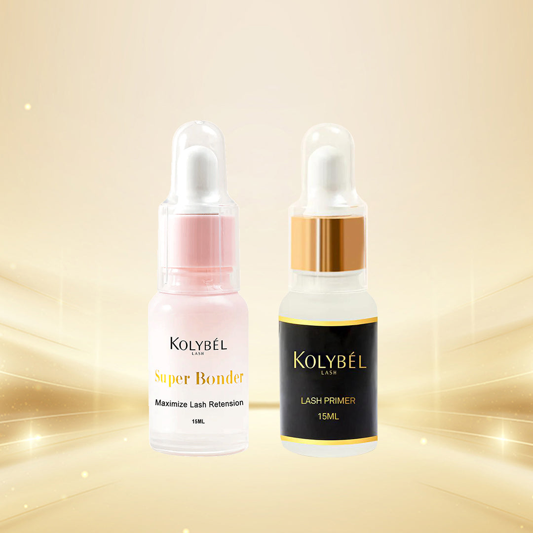 KOLYBEL Bonder &amp; Primer supplies essential pre-treatment lash supplies for eyelash extension salons, including professional lash primers and super bonders in 15ml bottles equipped with droppers.