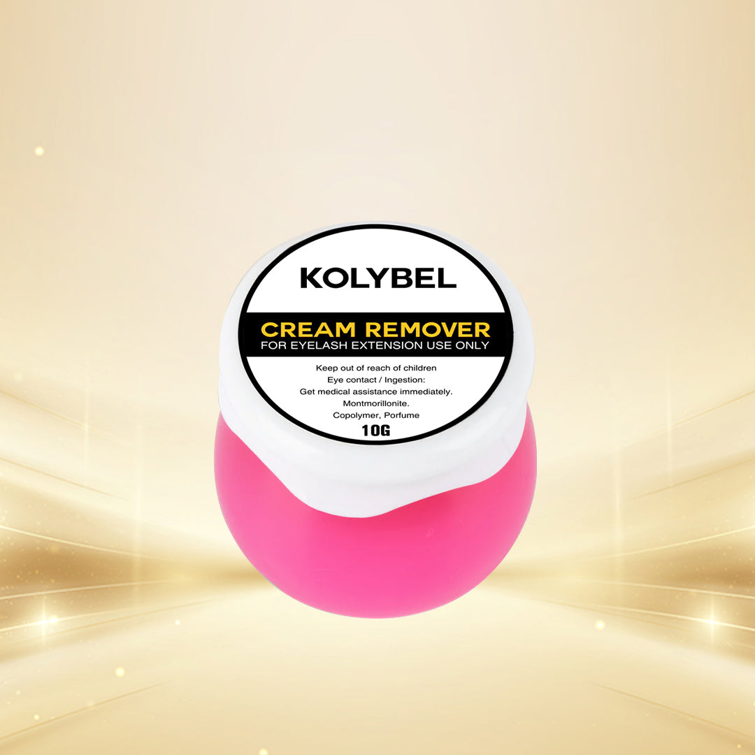 KOLYBEL Remover offers professional lash removal solutions including gentle cream and gel removers in multiple capacities, paired with eye makeup remover pads and tweezers cleaner.
