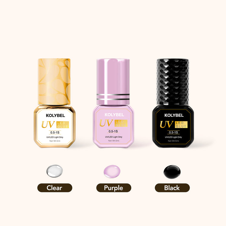 KOLYBEL LASH 【UV/LED LIGHT ONLY】0.5-1 Second UV/LED Lash Adhesive Eyelash Extension Glue (5ml) BLACK PURPLR CLEAR uv GLUE