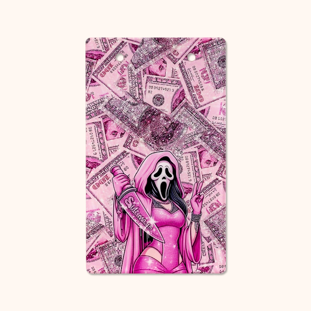 Spooky pink Halloween lash extension palettes. 3 designs: Robe Ghost, Knife Ghost, Book. Acrylic lash work board with built-in magnets for temporarily holding tweezers, festive salon decor for Halloween lash services.