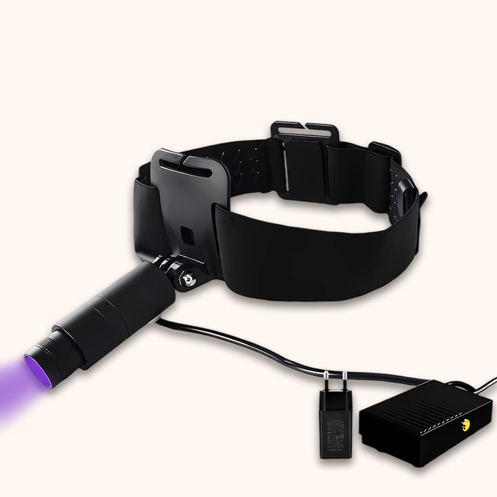 KOLYBEL UV LED Headlamp for Lash Extensions, Adjustable Beam Head Light with Foot Pedal Control, Professional Lash Curing Lamp with US/EU/UK Plug Options.