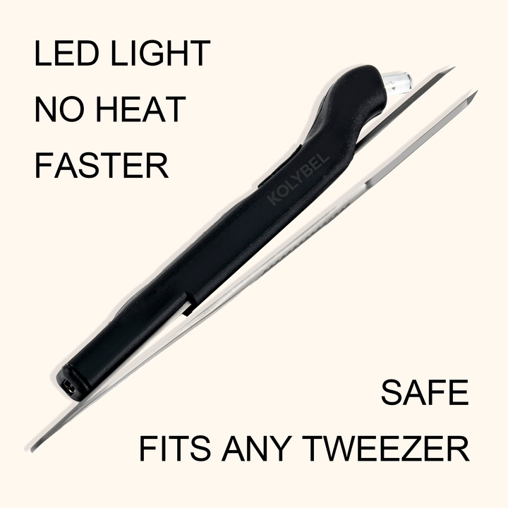 KOLYBEL Black LED light for tweezers with text highlighting features on a white background