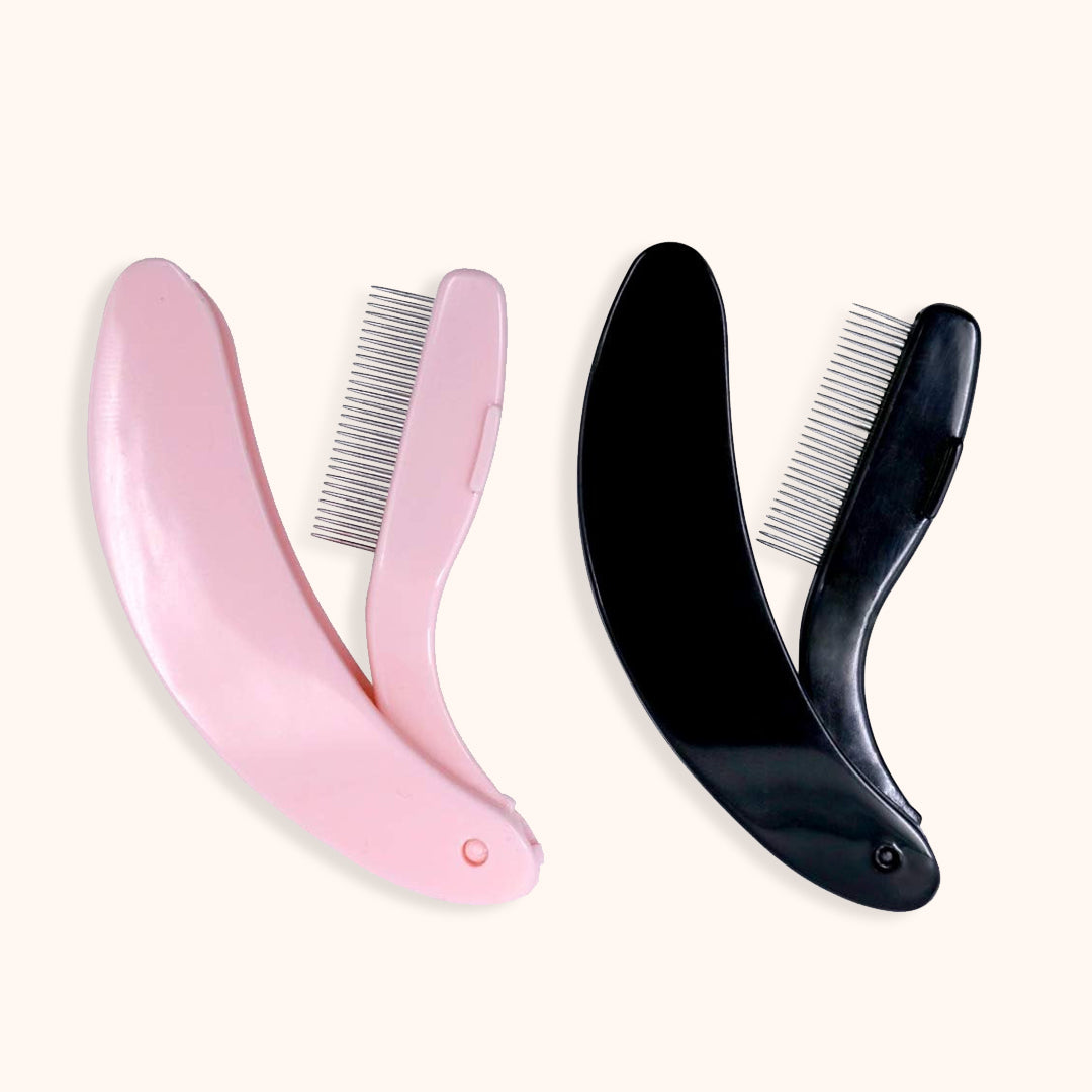 KOLYBEL Curved Lash Spike Comb, professional lash separator tool for eyelash extensions. Smooth rounded teeth fluff volume lashes without pulling, ergonomic curved design for salon lash artists. Waterproof plastic, pink & black options, ideal grafting & aftercare lash accessory.