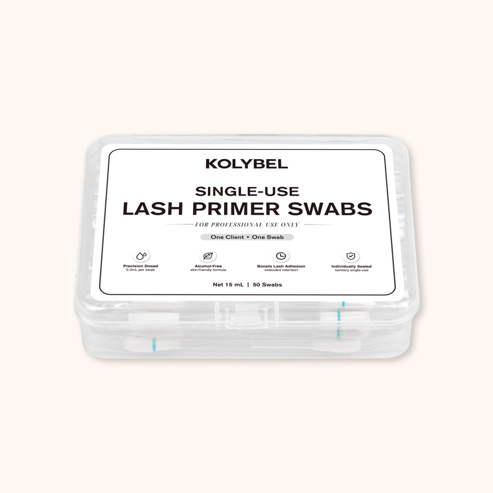 Single-use pre-dosed lash primer swabs. Gentle formula, boosts lash glue adhesion, individually sealed for hygienic professional eyelash extension prep.