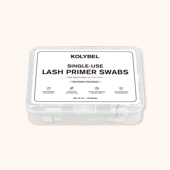 Single-use pre-dosed lash primer swabs. Gentle formula, boosts lash glue adhesion, individually sealed for hygienic professional eyelash extension prep.