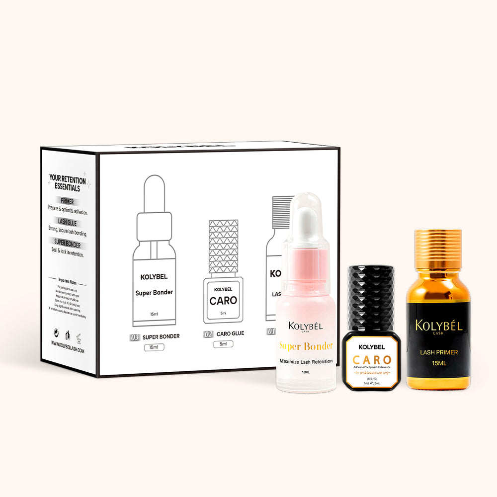 KOLYBEL Professional lash adhesive system with lash primer, 0.5-1s CARO glue and super bonder. Maximizes lash retention, reduces irritation, designed for lash artist.