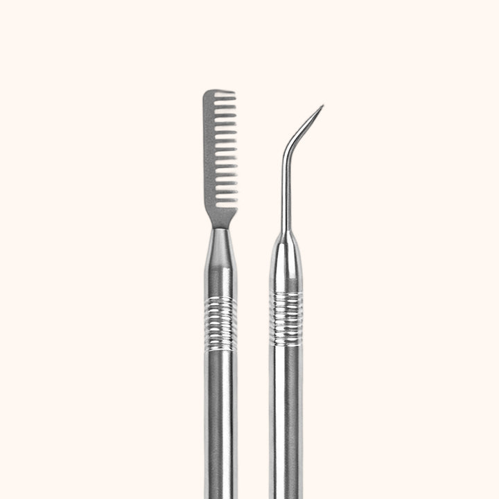 KOLYBEL professional dual-end lash lift separator with fine comb & curved hook. Premium stainless steel, for lash perming, lifting & positioning. 