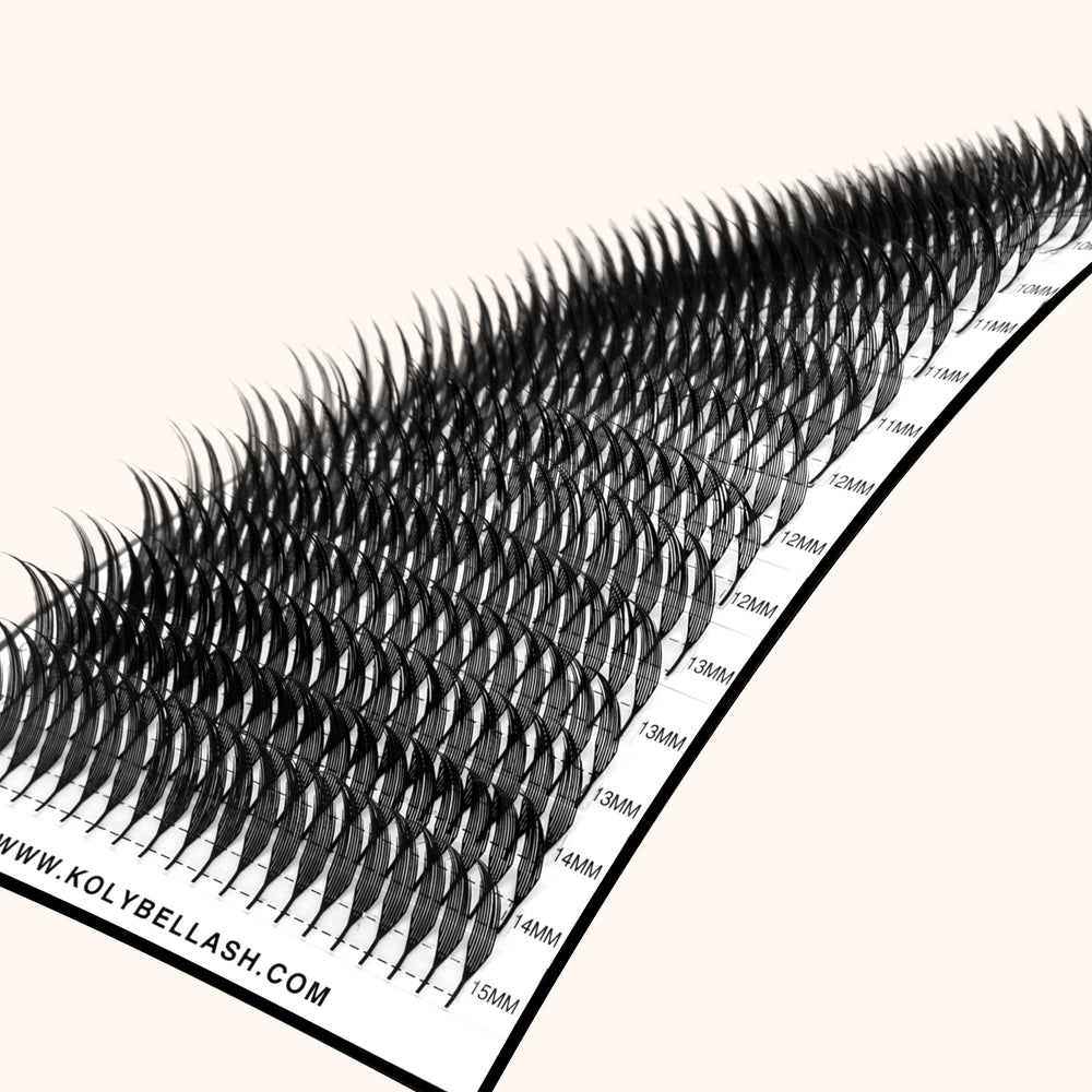 KOLYBEL 0.07mm Wispy Anime Lash Prefans, 12 rows ultra-light PBT lashes 50% lighter than regular fans. Pre-spiked design speeds up lash work, fills sparse lashes, creates sharp manga & cosplay eye looks, cruelty-free salon extensions with long shape retention.