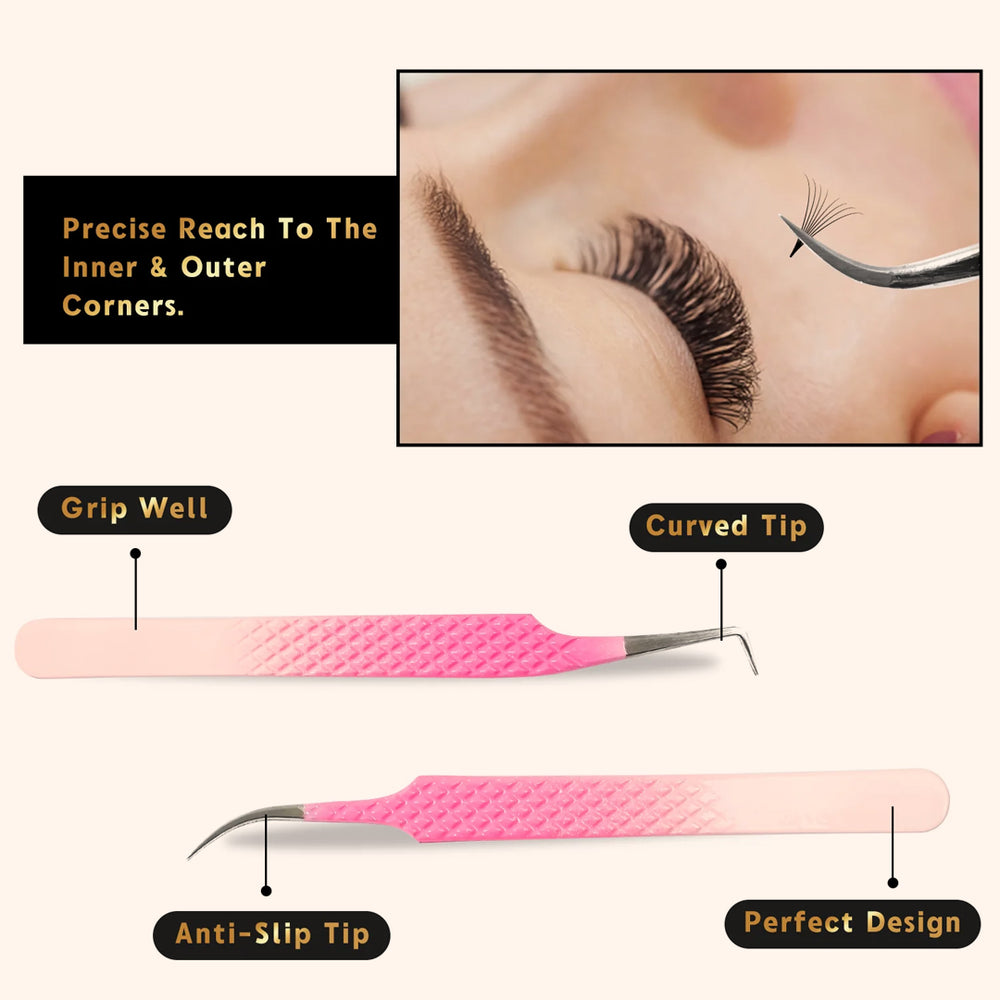 Ombre Pink-White Professional Eyelash Extensions Tweezers Kit-kolybel