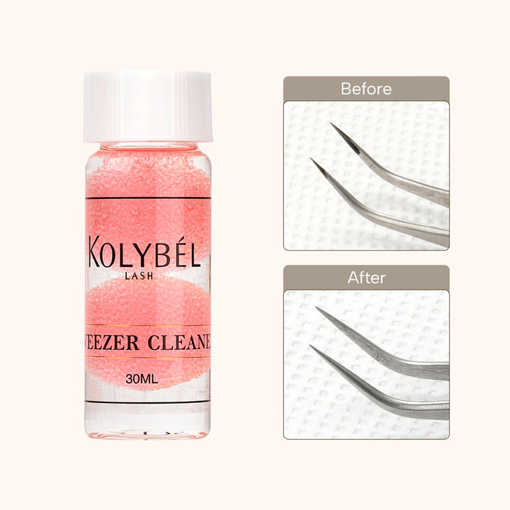 KOLYBEL tweezers cleaner removes lash adhesive buildup quickly. With a built-in sponge ball, it cleans and protects your tweezers for long-lasting use.