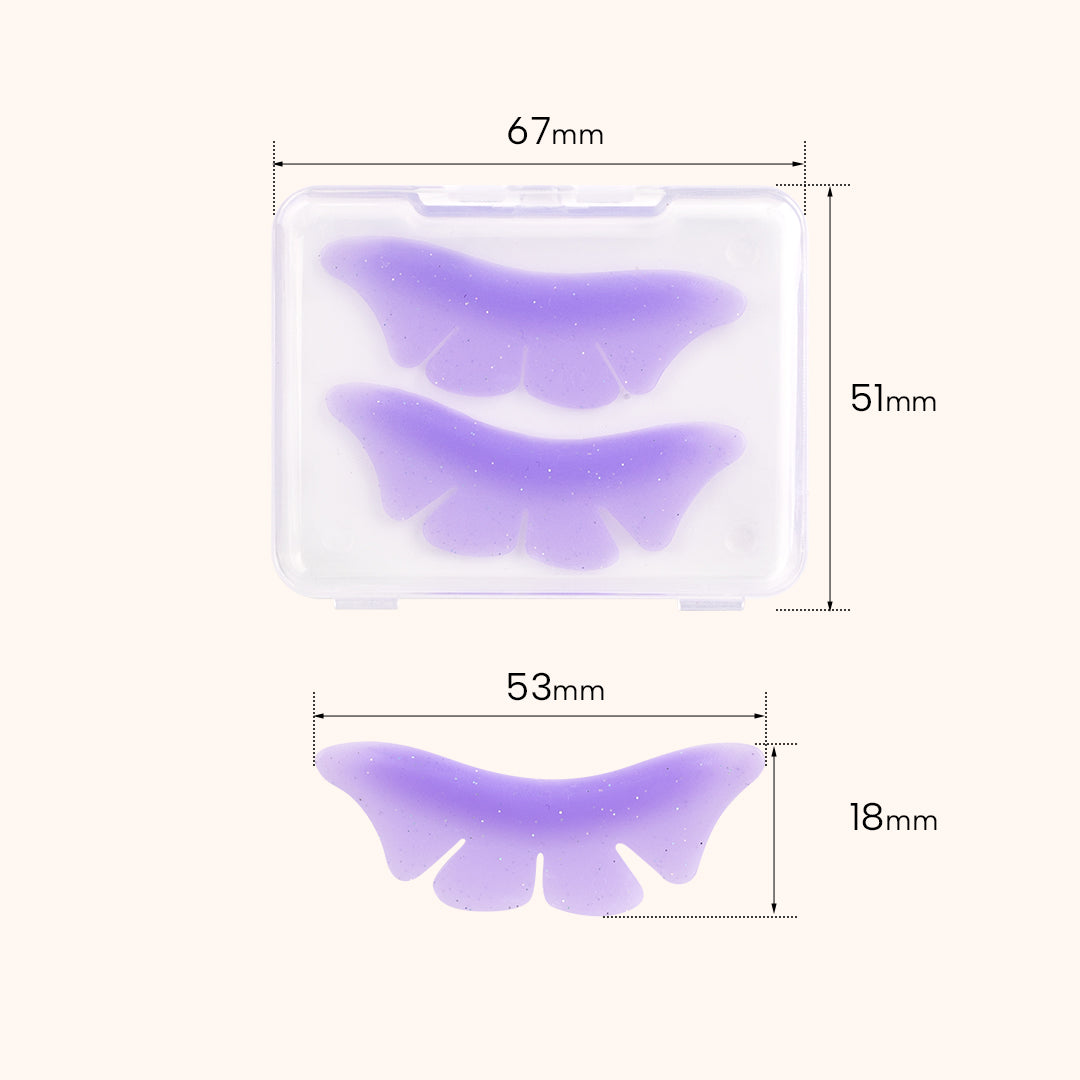 Reusable silicone bottom lash lift pads for lower lash perm. Soft skin-safe glitter finish, pink & purple, compatible with all professional lash lift supplies.